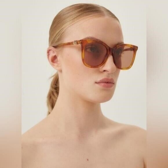 New- Authentic 💯GG1071S 003 55 GUCCI HAVANA CAT-EYE SUNGLASSES - Picture 1 of 13